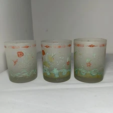 Vintage Rare Neiman Marcus Cocktail Lowball Frosted Glass Bar Set of 3 Painted