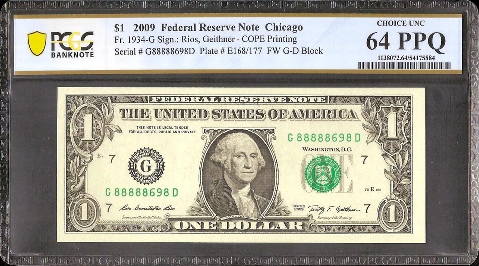 2009 $1 BILL 88888 69 NEAR SOLID NUMBER FEDERAL RESERVE NOTE MONEY PCGS 64 PPQ - Image 2 of 3