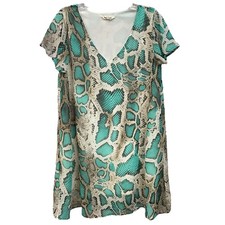 Peach Love CA Snakeskin Print Dress V Neck Short Sleeve Sheer Casual