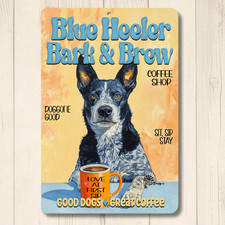 Blue Heeler Coffee Bar Sign Bark & Brew funny metal tin cattle dog wall art