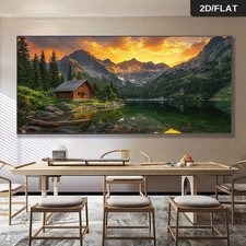 bstract Log Cabin by the Lake at Sunset Unframed Canvas Painting for Living