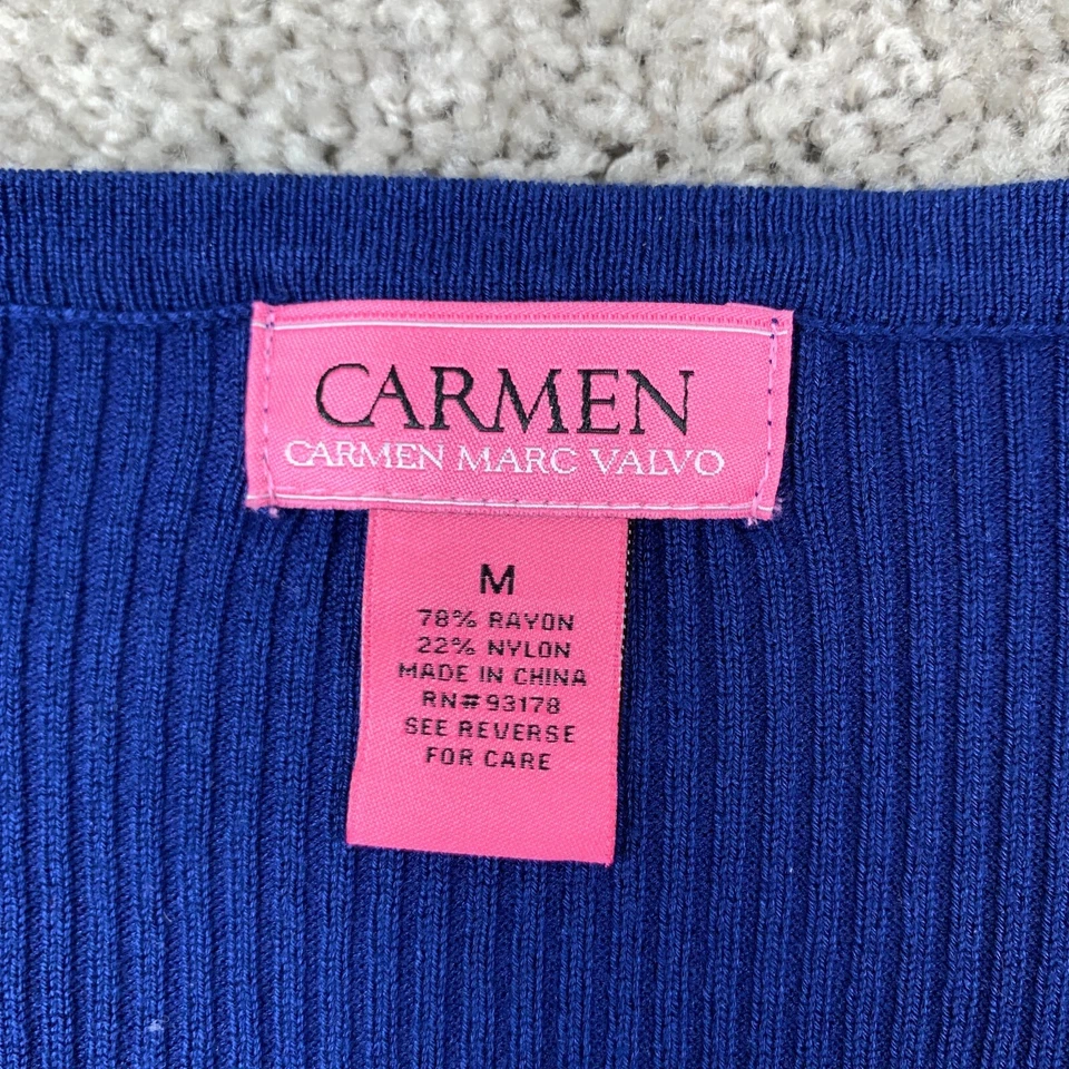 Suéter tejido elástico Carmen Marc Valvo Boobcut para mujer manga larga mediana azul Foto 3 de 4