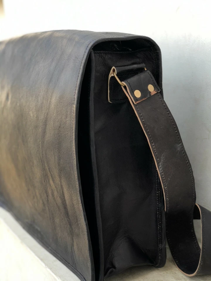 Maletín de hombro para computadora portátil de lona de cuero negro de 18" para hombre Foto 4 de 4