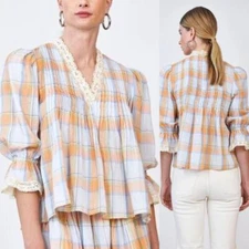 NEW Hunter Bell Pintuck 3/4 Sleeve Deep V-Neck Eyelet Trim Mia Plaid Top 