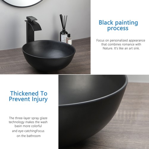 US Black Bathroom Vessel Sink Round Basin Bowl Mixer Deck Mount Pop Up Drain Tap - Picture 4 of 8
