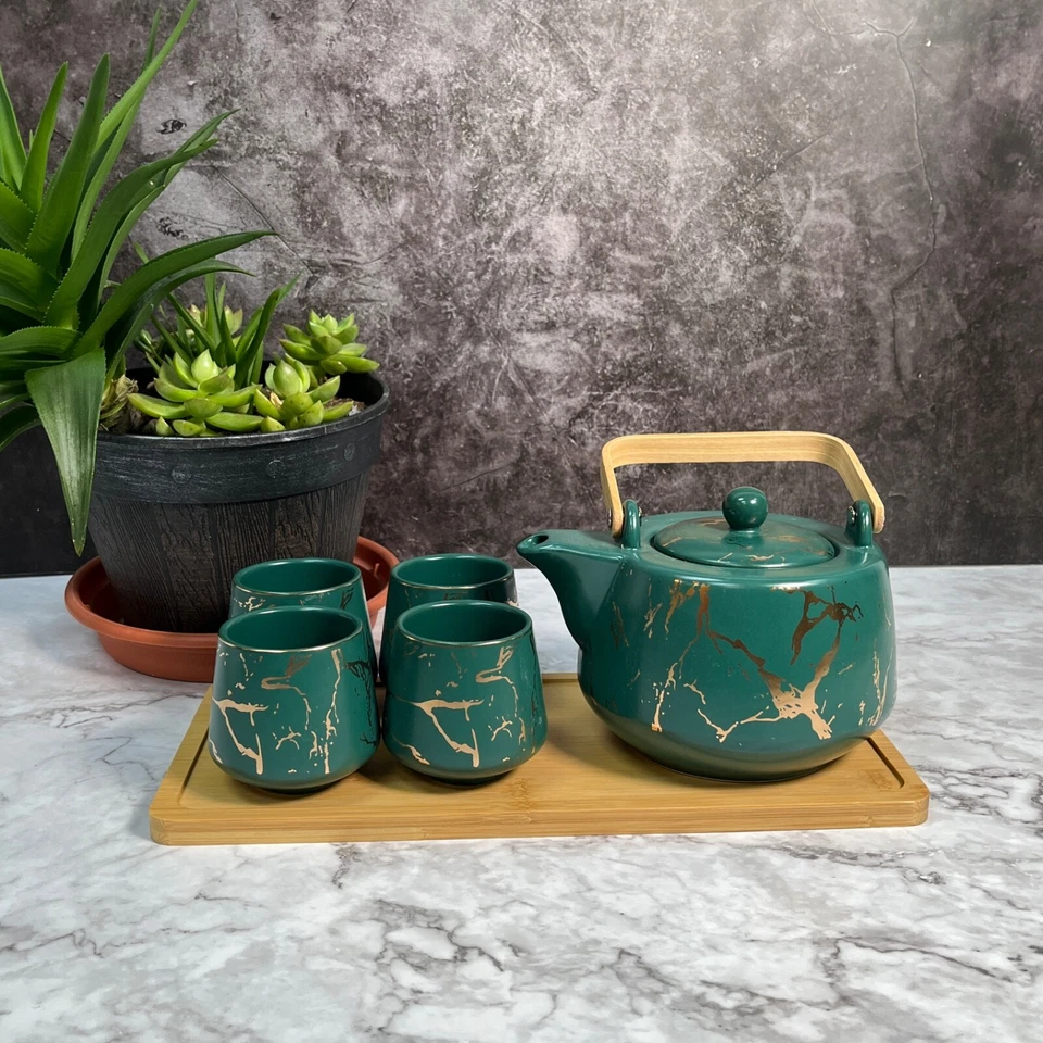 Juego de té de kung fu Morden dorado con patrón aleatorio con bandeja de bambú - verde, juego de Foto 3 de 4