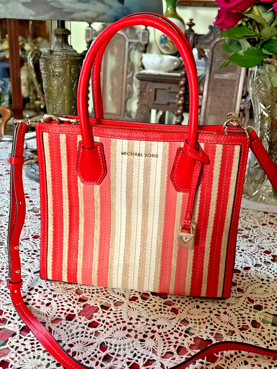 MICHAEL KORS Mercer CORAL LEATHER & WOVEN STRAW STRIPE Accordion  Convertible Bag