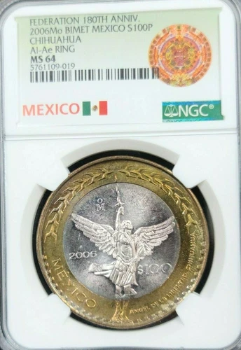 2006 MEXICO SILVER 100 PESOS ANGEL DE LA LIBERTAD CHIHUAHUA NGC MS 64 BEAUTIFUL
