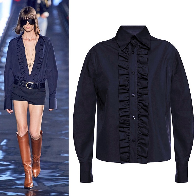 CAMICIA CAMICIA TOP 40 NUOVA $950 SAINT LAURENT passerella blu cotone con volant davanti croccante