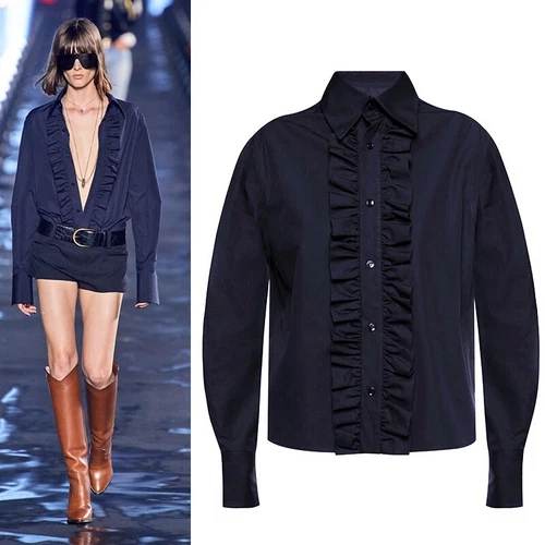 40 NEW $950 SAINT LAURENT Runway Blue Cotton Ruffle Front Crisp BLOUSE SHIRT TOP
