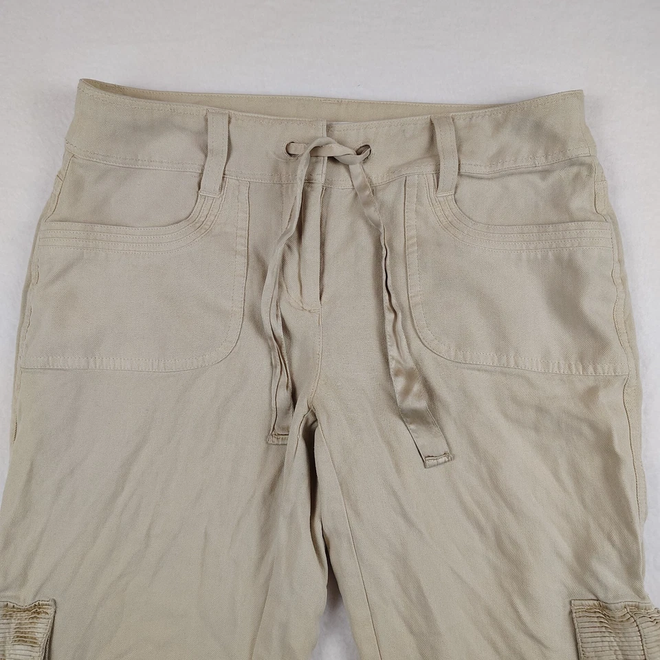 White House Black Market Pants Womens 2 Khaki Cargo Low Rise Cropped 100% Silk - Imagem 3 de 4