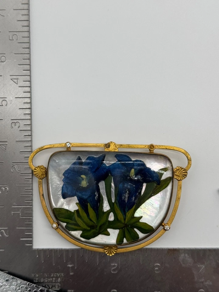 Antiguo Turriet & Bardach Austria Reverso Vidrio Pintado Flor Cinturón Hebilla Foto 4 de 4