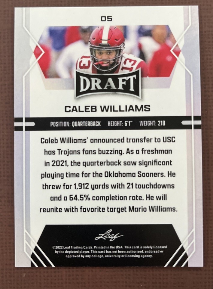 2024 #1 Draft Pick Chicago Bears Caleb Williams 2022 LEAF Rookie Card ...