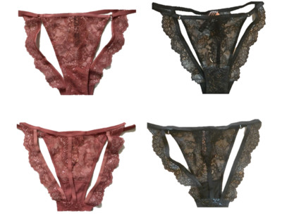 Victorias Secret Metallic Floral Lace String Bikini Panties Size L Mauve-Black