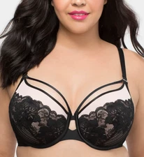 CURVY COUTURE Black/Rose Tulip Strappy Lace Push Up Bra, US 46H, UK 46FF, NWOT