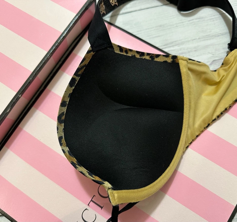 Victoria's Secret Shine Strap Bombshell +2 cups Push Up Bra Thong Set Leopard - Image 4 of 4