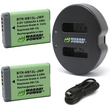 Wasabi Power Battery (2-Pack) and Dual Charger for Canon NB-13L