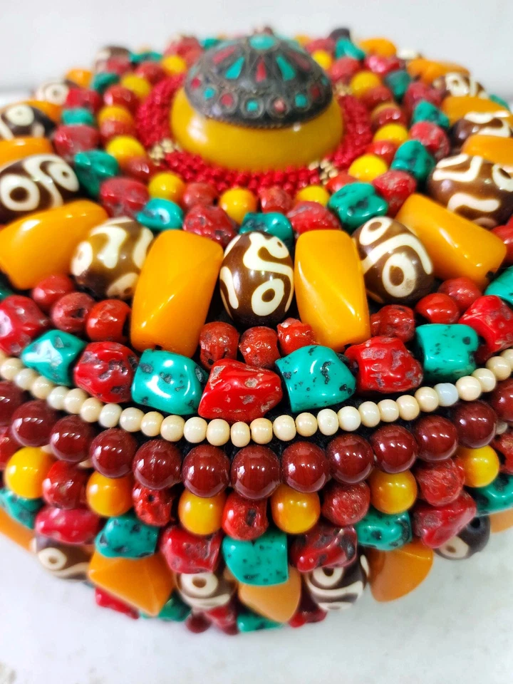 Hecho a mano Nepal Tibetano Lana Redonda Algodón Gorra Vaquera Caracola Conchas Cuentas Nepalí Foto 2 de 4