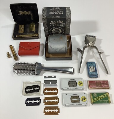 Vintage Gillette Schick Safety Razor Blades Barber Tools Twinplex Stropper Lot