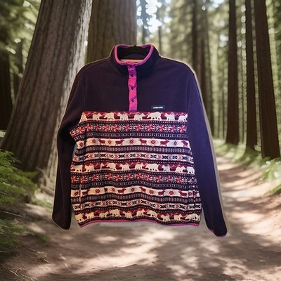 Lands' End Fleecepullover, Elche und Bären-Muster, Größe 50, XL, lila, Damen