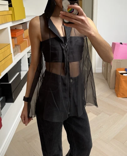 Splendida giacca gilet blusa zip logo CC seta nera Chanel originale taglia 40