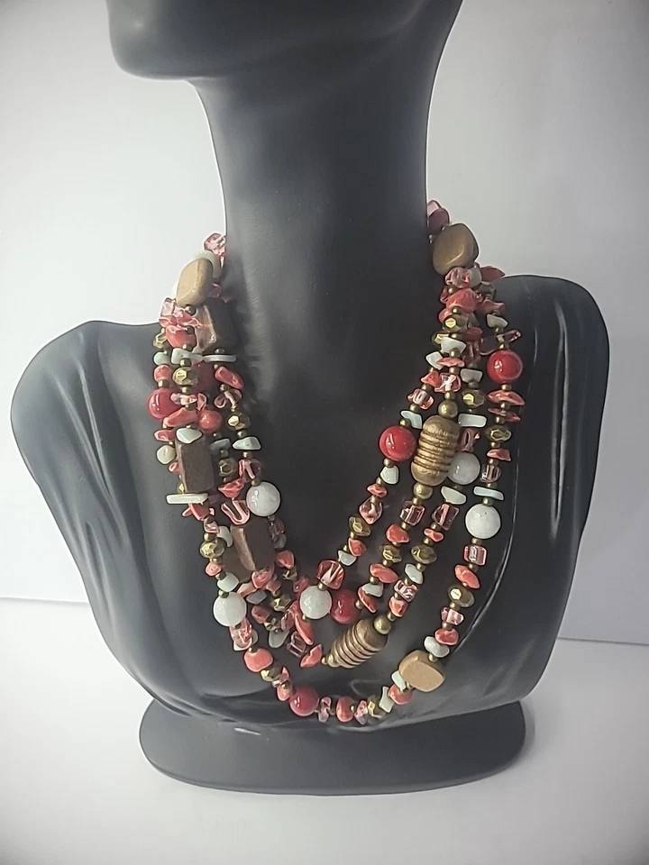 Collar Vintage Aleta Cuentas Largas Vidrio Madera Rosa Rojo Blanco Joyería Disfraz Foto 3 de 4