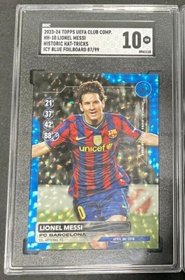 2023-24 Topps UEFA CC Historic Hat-Tricks Lionel Messi HH-10 Icy Blue /99