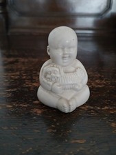 Laughing Budha Holding Dog Ivory Coloured Resin Figurine 2"