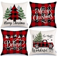Merry Christmas Throw Pillow Covers 18x18 Inch Set of 4, Xmas Trees Truck Buf...