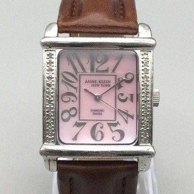 Anne Klein Womens Watch 29mm Pink Dial Brown Leather Diamond Accent New Battery