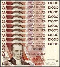 Ecuador 10000 Sucres, 1999, P-127e.3, UNC X 10 PCS