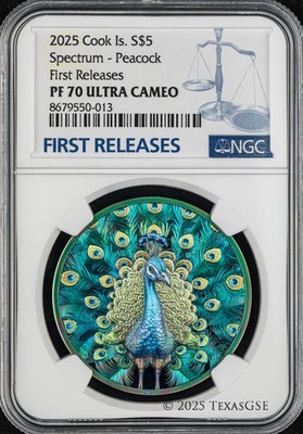 2025 Cook Islands $5 1oz Silver Spectrum: Peacock NGC PF70 First