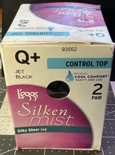 Leggs Silken Mist Pantyhose Size Q+ Jet Black 2 Pair Control Top NEW