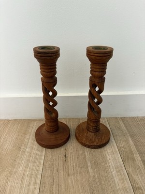 Paar Vintage Holz Gerste Twist Kerzenständer Kerzenständer rustikal Eiche Stil