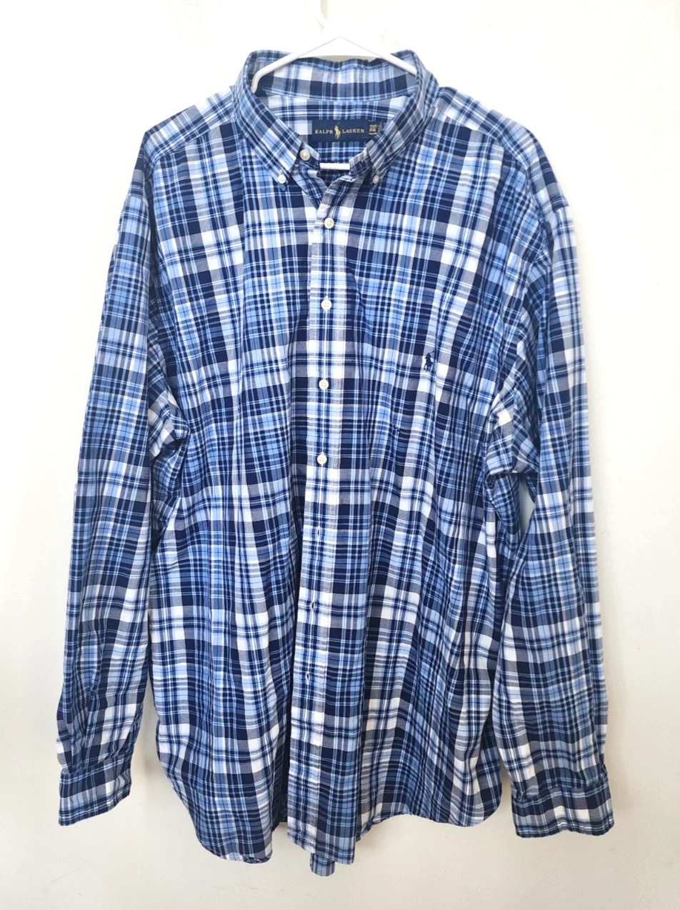 New Polo Ralph Lauren Button Shirt Mens 2XLT Blue Plaid Checked Long Sleeve