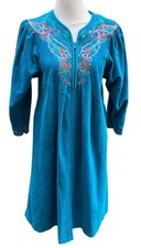 Vintage Vanity Fair Teal Embroider Robe Zip Front 3/4 Sleeves Small Made In USA