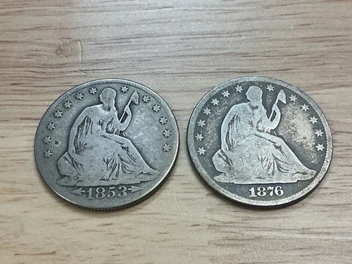 Lot of 2 United States Silver Seated Liberty Half Dollars - 1853 arrows, 1876