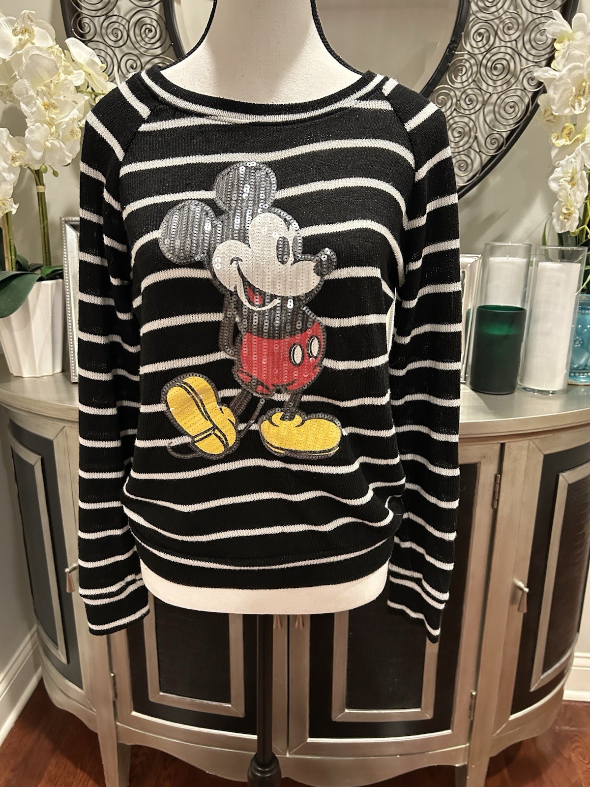 Disney Mickey Mouse Sequin Striped Pullover Sweater Black White Women's L