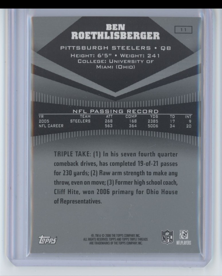 2006 Topps Triple Threads Ben Roethlisberger /1199 Pittsburgh Steelers ...