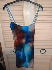 Pretty LittleThing Blue Abstract Slinky Double Spaghetti Strap Bodycon Dress