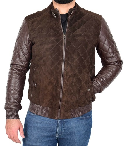 Mens Bomber Jacket Brown Suede and Leather Slim Fit Trendy Fully Quilted Varsity - Picture 3 of 10