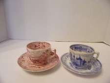 CUPS  SAUCERS TWO MINIATURE/CHILD'S ONE RED  ONE BLUE TRANSFERWARE