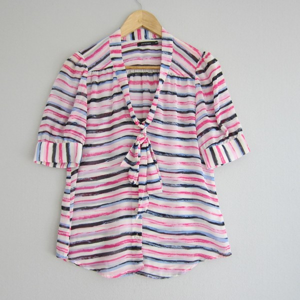 Portmans Top Womens 10 Pink White Blouse Striped Tie Front Sheer Puff Sleeve Wor