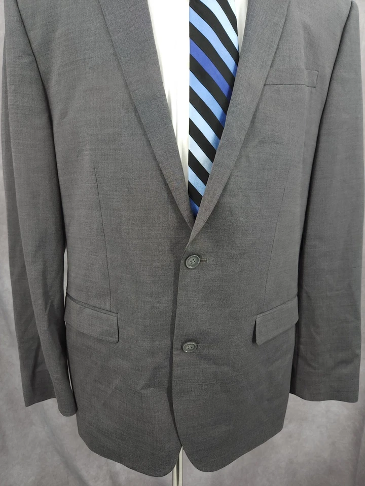 Express Blazer Mens 44L Gray Extra Slim Wool Blend Sports Coat Jacket 2 Buttons - Image 2 of 4