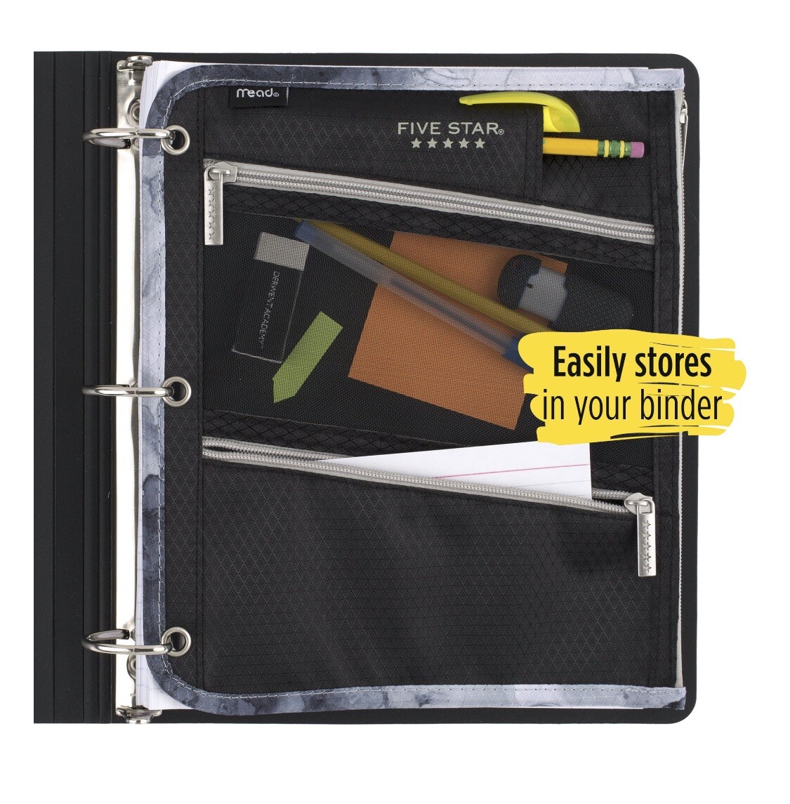 NEW Set Of 3 Five Star Flat Zipper Pencil Pouch, 11" x 9", Black/Gray