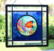 Splendid STAINED Art Glass SUN CATCHER Tropical FISH Aquarium Scene BEVELED