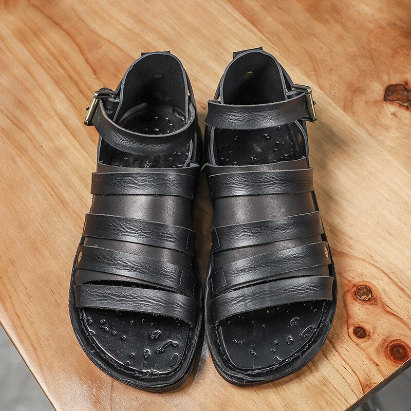 Sandalias planas hechas a mano con hebilla de cuero real estilo romano para hombre y mujer Foto 3 de 4