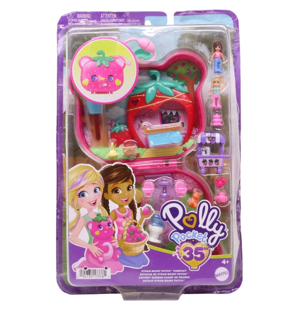 Polly Pocket Playset, Straw-Beary Patch Compact w/2 Micro Dolls & 12 Accessories