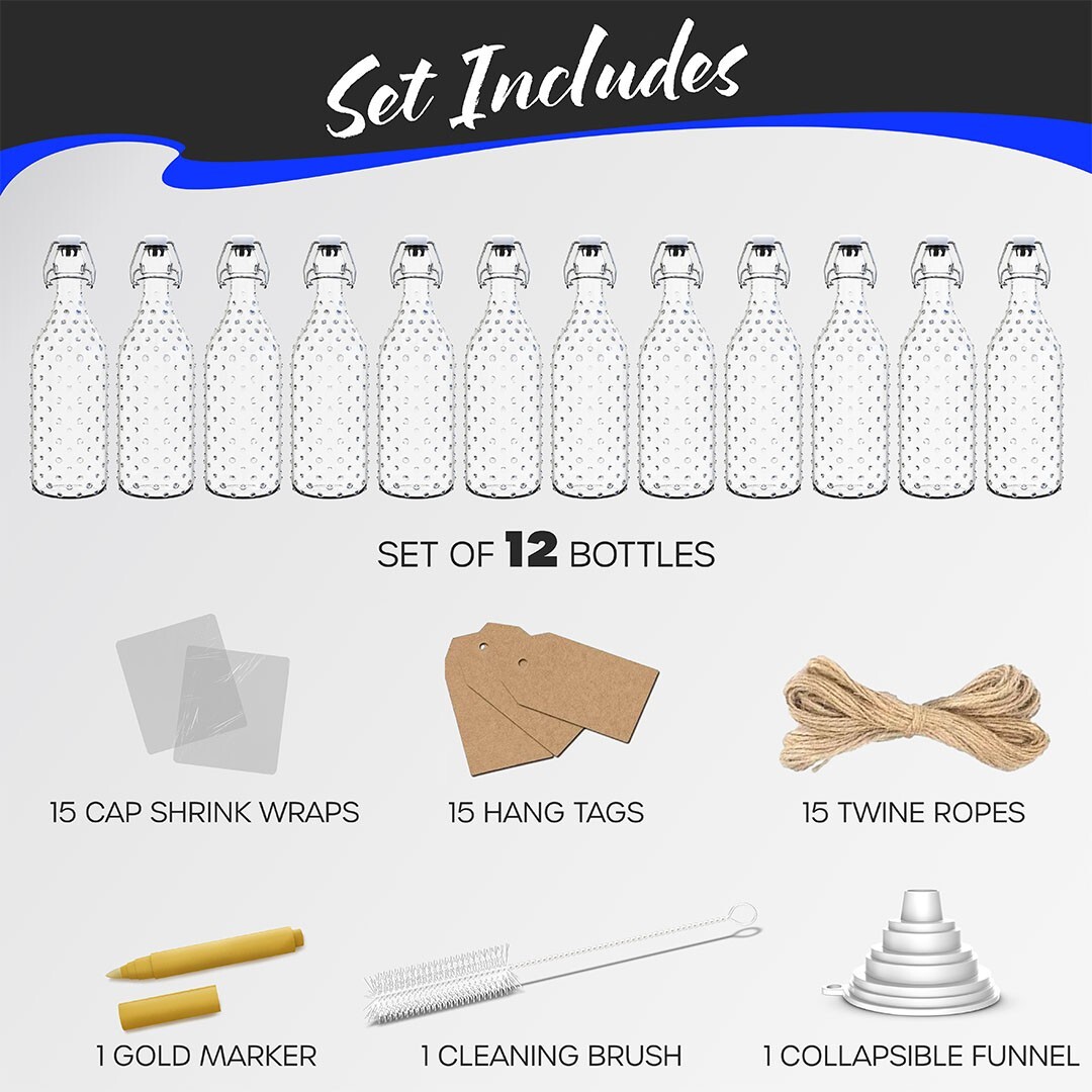 Nevlers 17 oz Dotted Swing Top Bottles (Pack of 12) | Includes Funnel, Brush