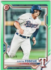 JUSTIN FOSCUE RC 2021 BOWMAN NEON GREEN BORDER /399 PROSPECT CARD # BP-41 TEXAS